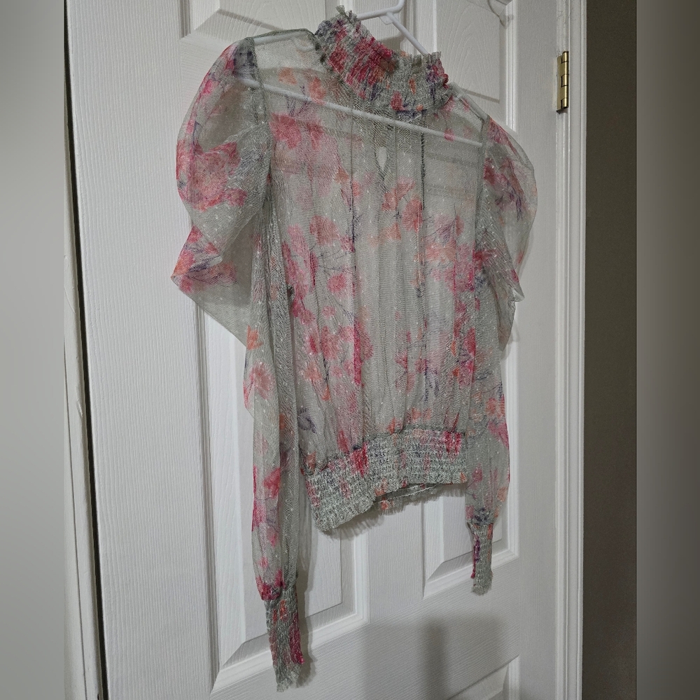 Cottagecore Sheer Floral Mesh Puff Shoulder Smocked Mockneck Top, NWT, Sz Medium - Picture 2 of 14